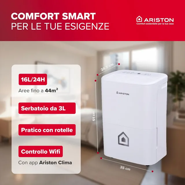 Ariston Deumidificatore 16NET Deos - Deumidificatore Portatile Casa 16L Ambienti Fino a 44㎡
