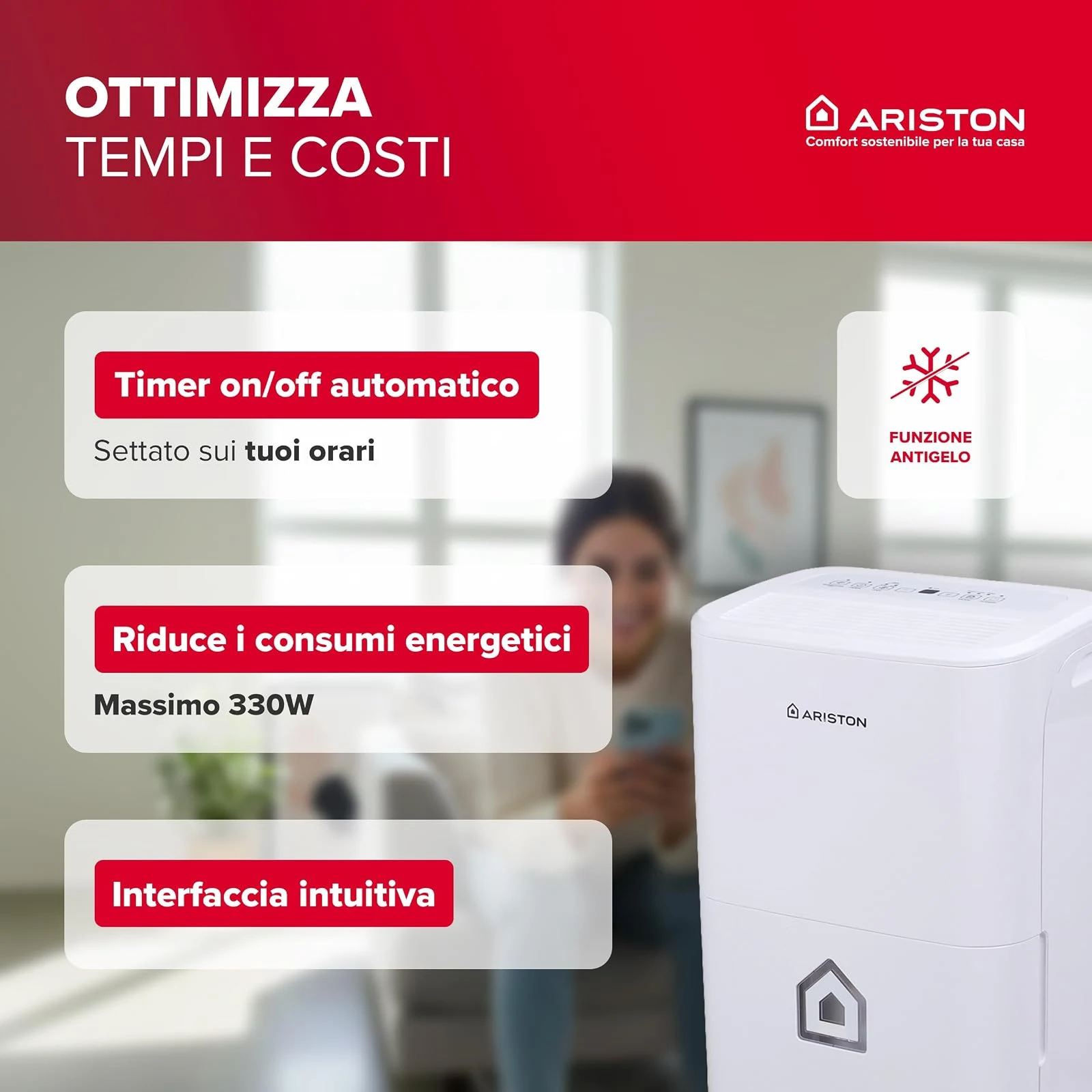 Ariston Deumidificatore 16NET Deos - Deumidificatore Portatile Casa 16L Ambienti Fino a 44㎡