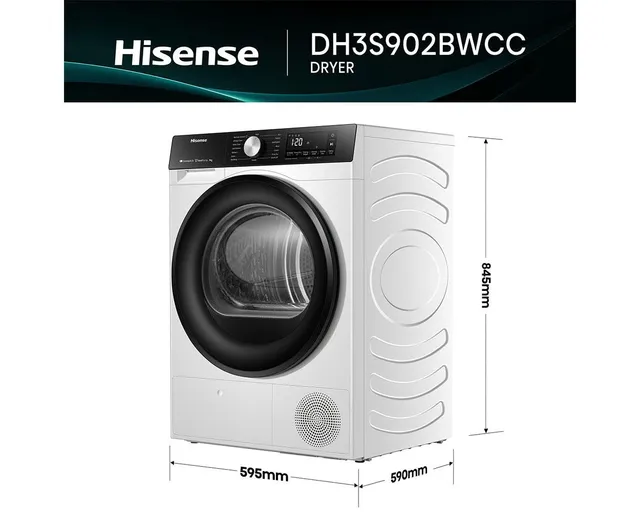Hisense Asciugatrice incasso DH3S902BWCC Asciugatrice a condensa con pompa di calore, 9 kg, 16 progr