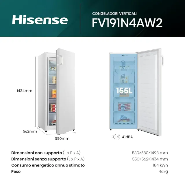 Hisense Congelatore FV191N4AW2 Freezer Verticale con display LED, Total No frost, 155 L, Inox