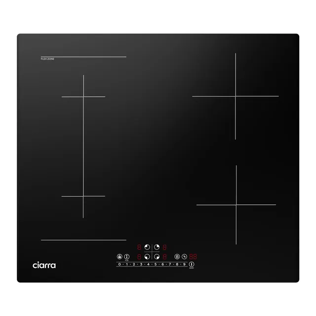 Ciarra Piano cottura radiante CBBIH4BF Piano Cottura a Induzione 4 Fuochi 7200W con Flex Zone | Boost, Limitatore Potenza, Comando Slider, Timer, Blocco Bambini, 60 cm da Incasso