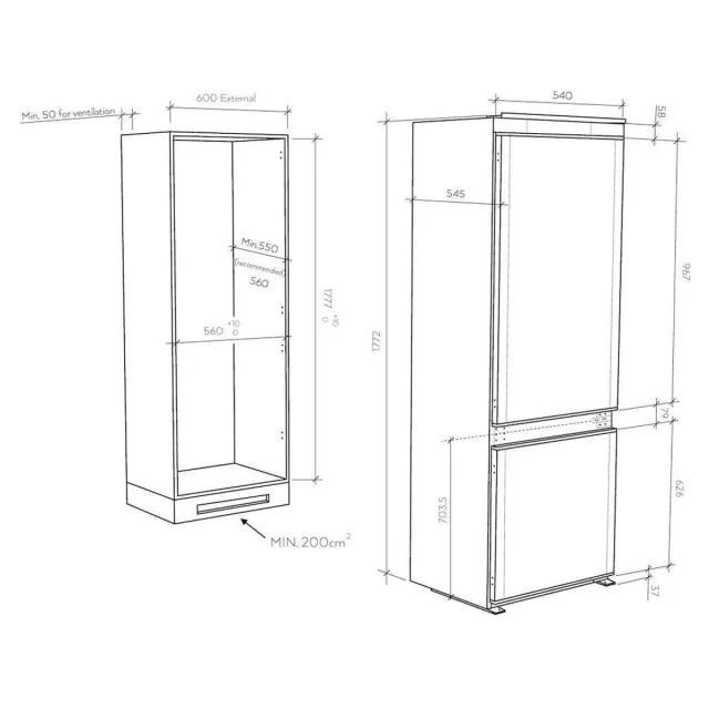 Candy Frigorifero incasso doppia porta CBL3518F Fresco Frigorifero da Incasso, 264 L, 2 Porte, App h