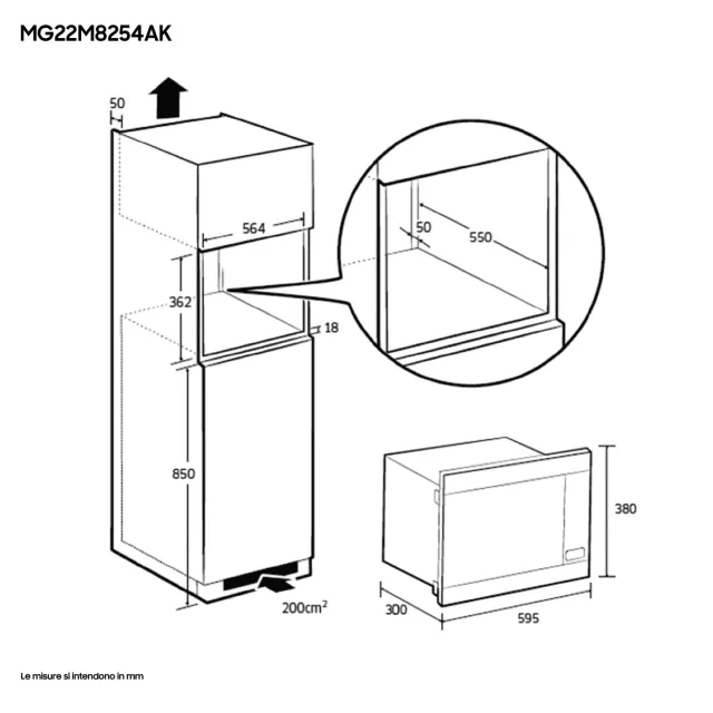 Samsung Microonde incasso MG22M8254AK/E1 Microonde di Integrazione 22L 850W/Grill 1100W Nero