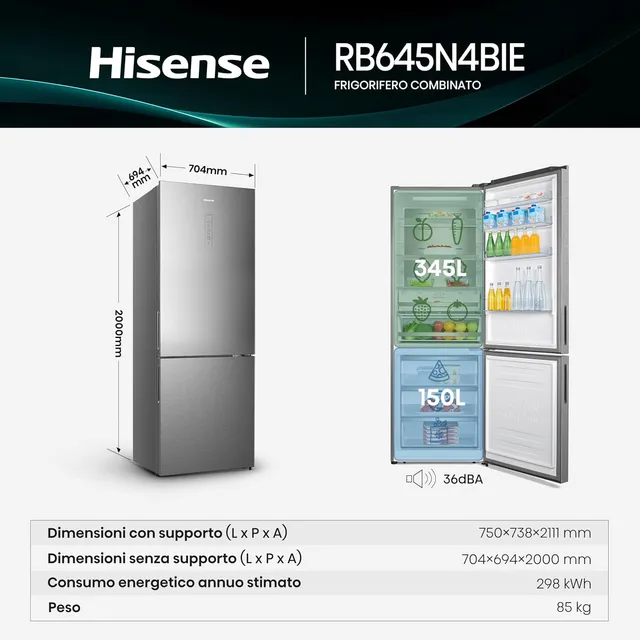 Hisense Frigorifero doppia porta RB645N4BIE Frigorifero Combinato Total No Frost, Multi Air flow, Mo