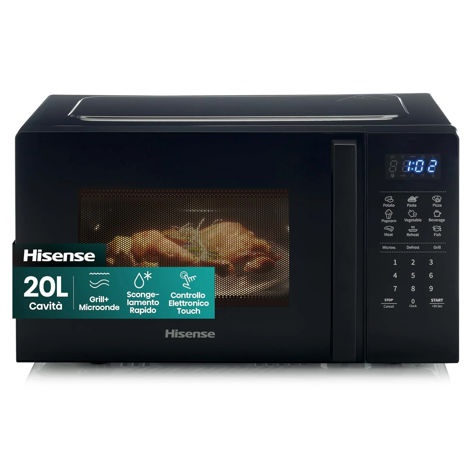 Hisense Microonde incasso H20MOBS4HG Forno Microonde con controllo Elettronico, Capacità 20 L, Potenza 700 Watt, Funzione Grill 800 W, Display Led Comandi Touch, Colore Nero