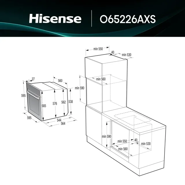 Hisense Forno incasso O65226AXS Forno Elettrico da Incasso Multifunzione con Vapore, Cavità 77 litri