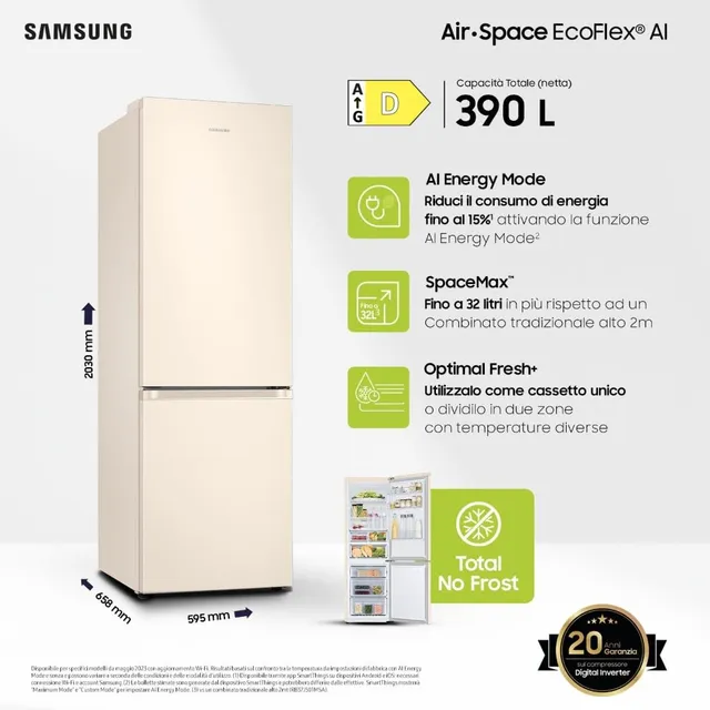 Samsung Frigorifero monoporta RB38C603DEL/EF EcoFlex AI Frigorifero Combinato, WiFi, SpaceMax, Total