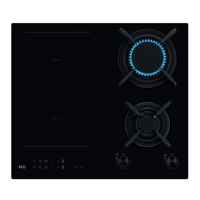 AEG Piano cottura domino 8000 Serie Piano Cottura Misto Gas & Induzione 4 Fuochi da Incasso HF704163NB, 60 cm Funzione Bridge, Fiamma StepPower, 590x520 mm, Griglia in Ghisa, Nero
