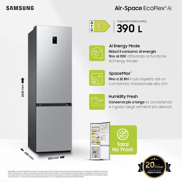 Samsung Frigorifero sottobase RB38C672CSA EcoFlex AI Frigorifero Combinato, WiFi, SpaceMax, Total no