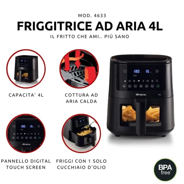 Ariete Ventilatore 4633 Friggitrice ad aria 4L, 1400W, Capacità 4L, 9 programmi, Funzione Shake e Gr