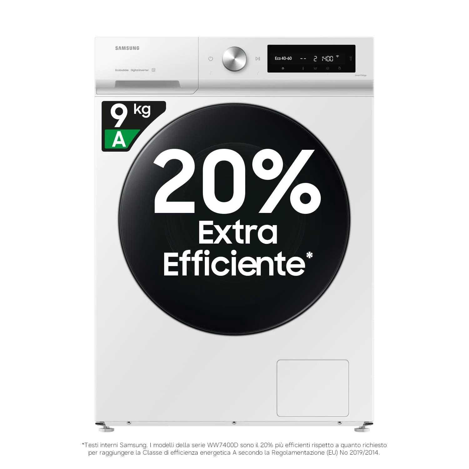 Samsung Lavatrice carica frontale WW90DB7U34GW/U3 Lavatrice Bespoke AI , Libera Installazione, 9 Kg, 1400 RPM, Wifi, AI Control, Ecolavaggio Rapido 39', Vapore, Carica Frontale, 60l x 85h x 60p cm