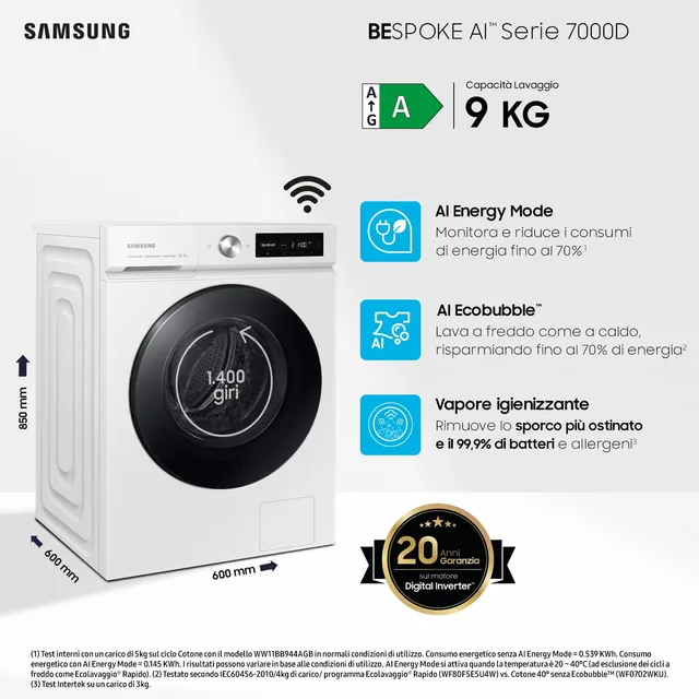 Samsung Lavatrice carica frontale WW90DB7U34GW/U3 Lavatrice Bespoke AI , Libera Installazione, 9 Kg,