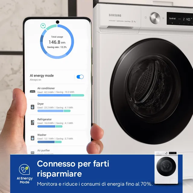 Samsung Lavatrice carica frontale WW90DB7U34GW/U3 Lavatrice Bespoke AI , Libera Installazione, 9 Kg,