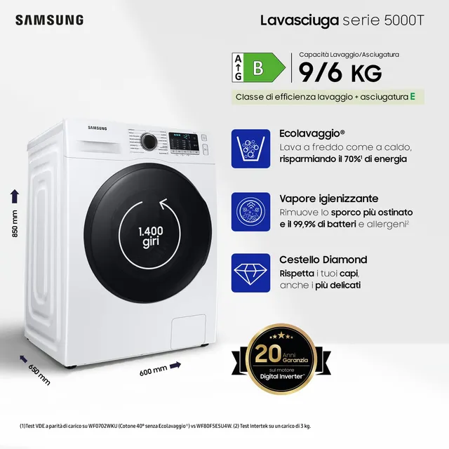 Samsung Lavasciuga carica alto WD90TA046BE Lavasciuga Crystal Clean con Ecobubble, , 9+6 Kg, 1400 RP