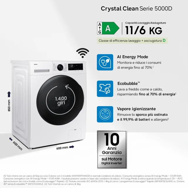 Samsung Lavasciuga incasso WD11DG5B15BEET 11+6 Lavasciuga Crystal WiFi WD11DG5B15BEET, 11+6 kg, Ecob