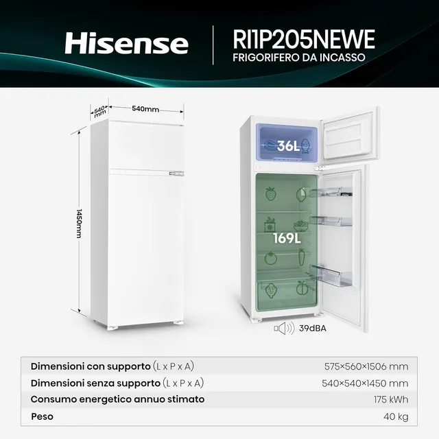 Hisense Frigorifero incasso side by side RI1P205NEWE Frigorifero Combinato Incasso 205 Litri, Static