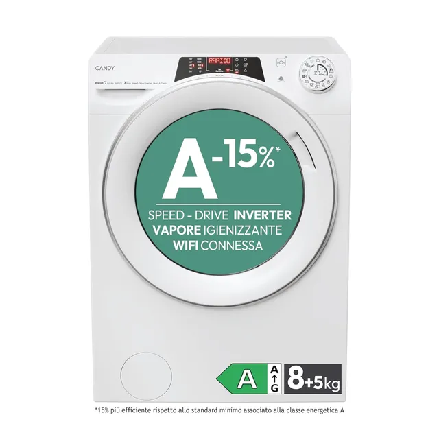 Candy Lavasciuga incasso 4856DWMS7-S RapidÓ Lavasciuga 8+5 Kg, 1400 Giri, Motore Inverter, Funzione Vapore, Wi-Fi + BLE, Programmi Rapidi, Classe A/D, 85 x 60 x 54 cm (AxLxP), ROW
