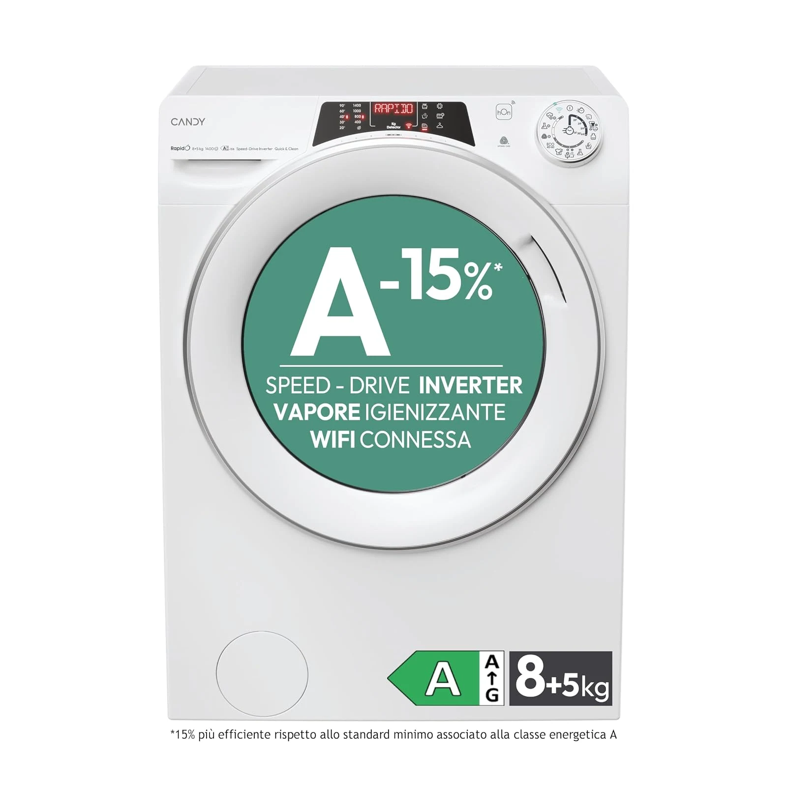 Candy Lavasciuga incasso 4856DWMS7-S RapidÓ Lavasciuga 8+5 Kg, 1400 Giri, Motore Inverter, Funzione Vapore, Wi-Fi + BLE, Programmi Rapidi, Classe A/D, 85 x 60 x 54 cm (AxLxP), ROW