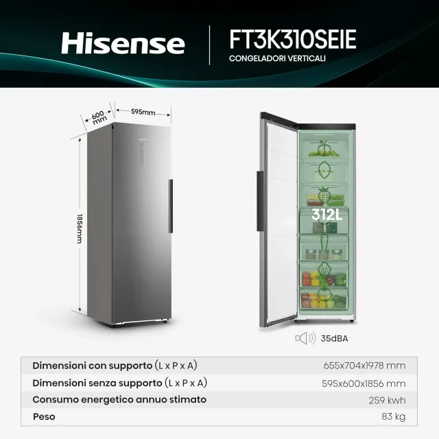 Hisense Congelatore FT3K310SEIE Freezer Verticale Multi Air Flow, Total No Frost, Inox, 185.6 x 59.5