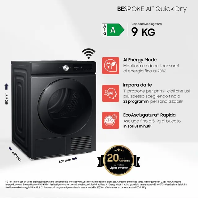 Samsung Asciugatrice incasso DV90DB7845GB/U3 9 Asciugatrice Bespoke AI DV90DB7845GB/U3, 9 kg, Pompa 