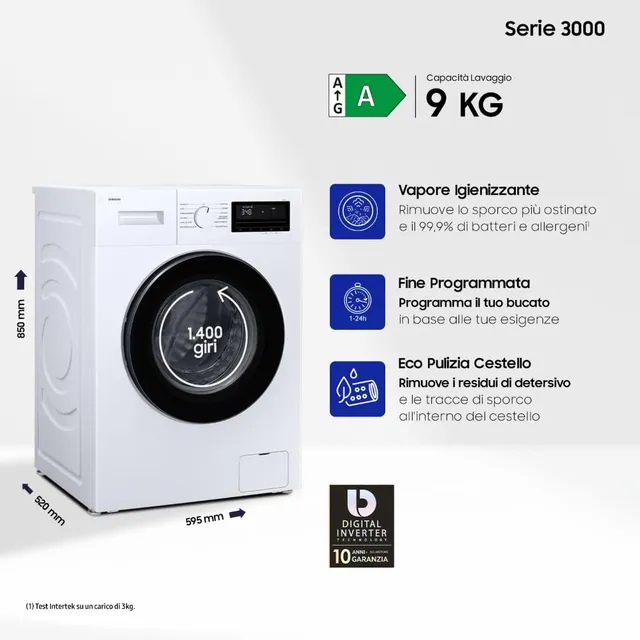 Samsung Lavatrice carica frontale 3000 WW90FG3M05AWET Lavatrice Serie Libera installazione, 9 Kg, Wi