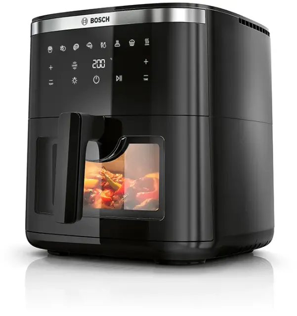 Bosch Friggitrice ad aria MAF671B0 Serie 6 Friggitrice ad Aria , Air Fryer XXL, Capacità 7,2 L, 7 Programmi Preimpostati, Finestra sul Cestello Illuminata, Cottura Fino al 65%* Più Veloce, Nero