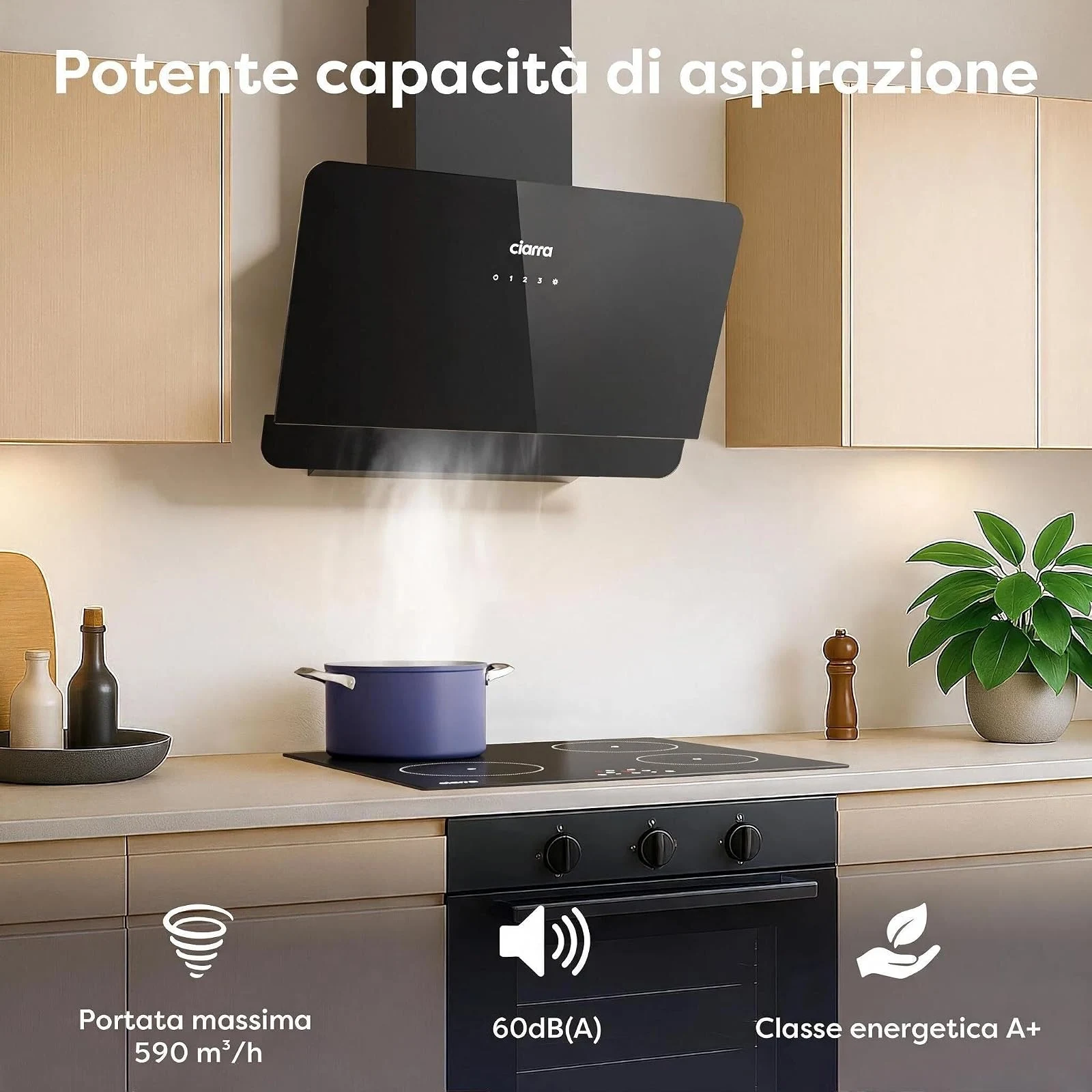 Ciarra Cappa cucina downdraft CBCB6765C Cappa Aspirante 60cm Classe A+ 590m³/h 3 Velocità Nera