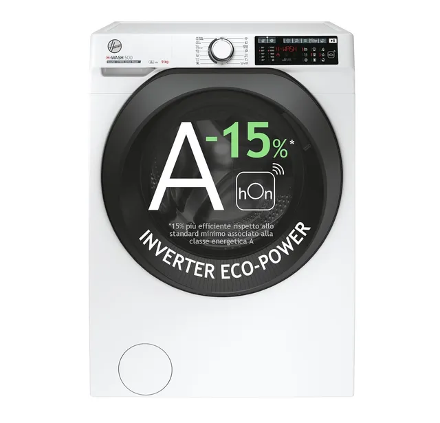 Hoover Lavatrice carica frontale 49AMBC7 H-WASH 500 Lavatrice 9 Kg, 1400 Giri, Classe A -15%, Motore Inverter Eco-Power, Wi-Fi + Bluetooth, Power Care, Vapore, 85 x 60 x 54 cm (AxLxP), Bianco, HW /1-S