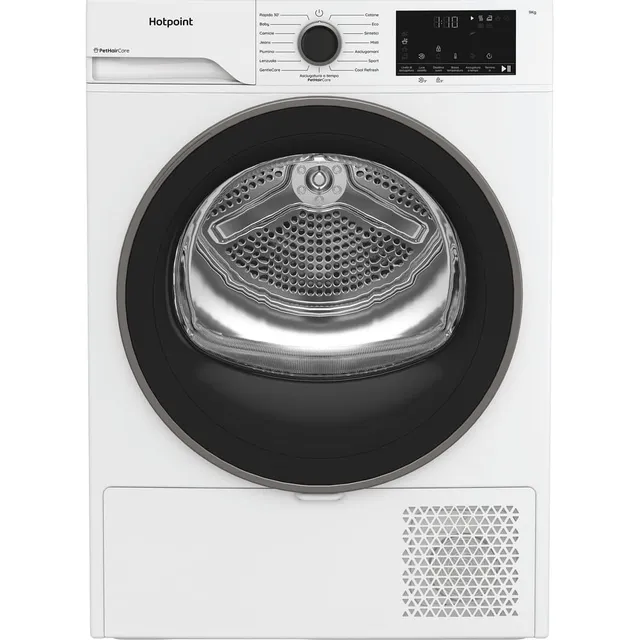 Hotpoint Asciugatrice HPT 93D BS IT Ariston – Asciugatrice 9 Kg A Pompa di Calore, Libera Installazione, Classe D, PetHair Care, Gentle Care, Riduzione Delle Pieghe. 84,6 x 59,8 x 60,7 cm