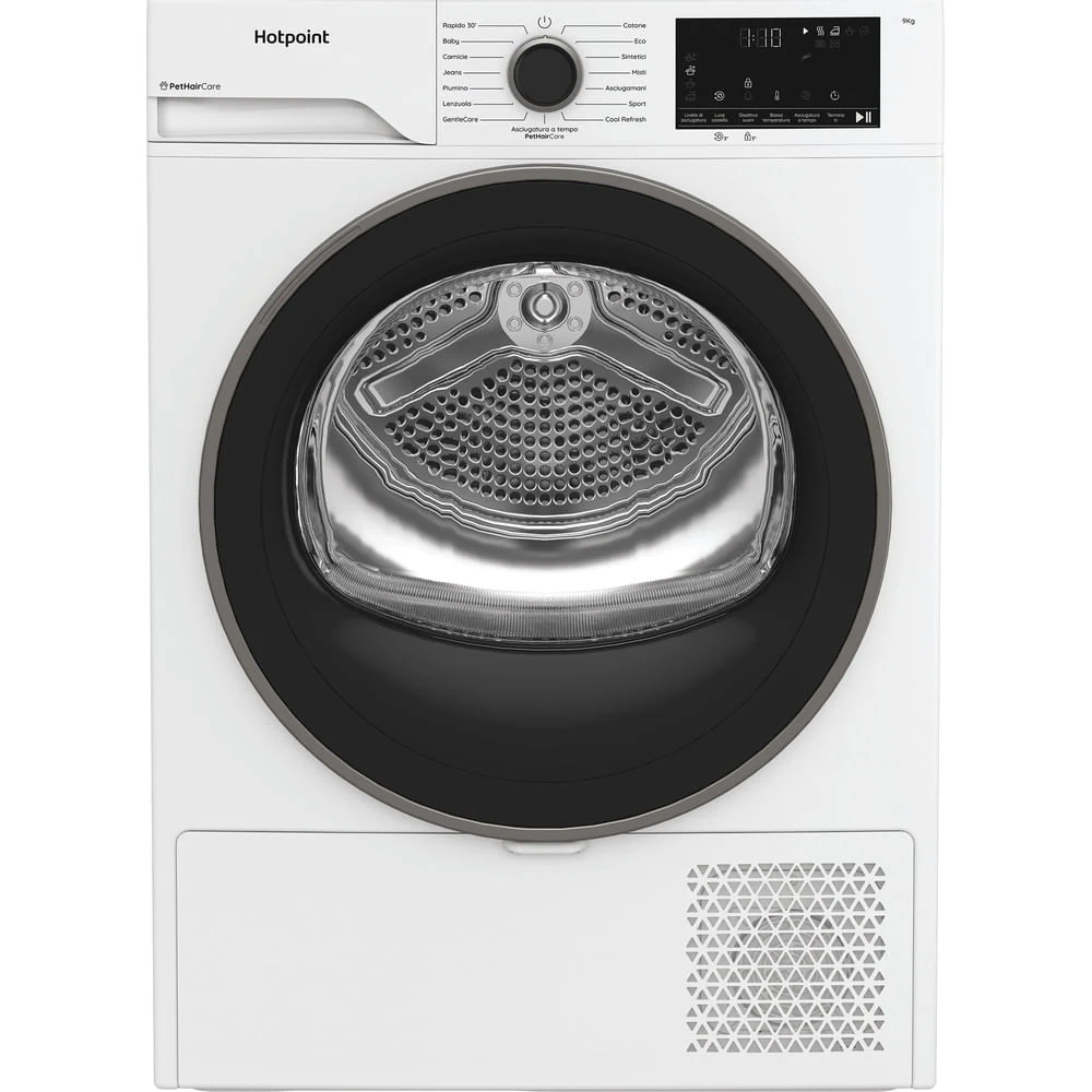 Hotpoint Asciugatrice HPT 93D BS IT Ariston – Asciugatrice 9 Kg A Pompa di Calore, Libera Installazione, Classe D, PetHair Care, Gentle Care, Riduzione Delle Pieghe. 84,6 x 59,8 x 60,7 cm