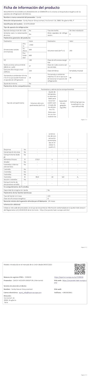 Candy Frigorifero sottobase CCH2T618EXBF Combined , Frigorifero Combi, Capacità 293L, Total No Frost