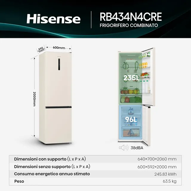 Hisense Frigorifero french door RB434N4CRE Frigorifero Combinato, Total No Frost, Colore Beige, Eco 