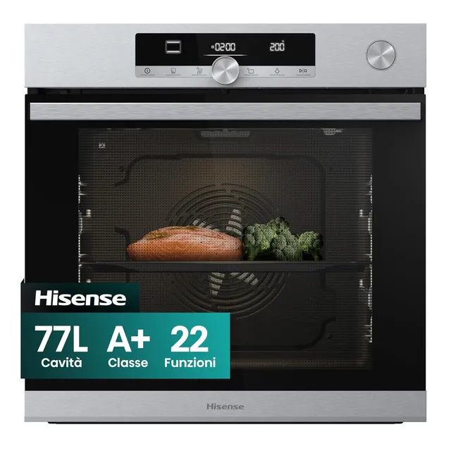 Hisense Forno incasso O643PX NUOVO O643PX, NUOVO Forno Multifunzione a Vapore, Cavità XXL 77 litri, AutoPulizia Pirolitica, 23 funzioni inclusa Pizza, Tecnologia Even Bake, Display Total View, Ar