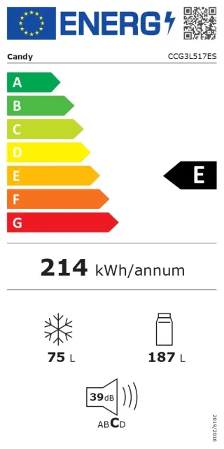 Candy Frigorifero sottobase CCG3L517ES Frigorifero Combi, 260L, Low Frost, 4 ripiani, 3 Balconiere, 