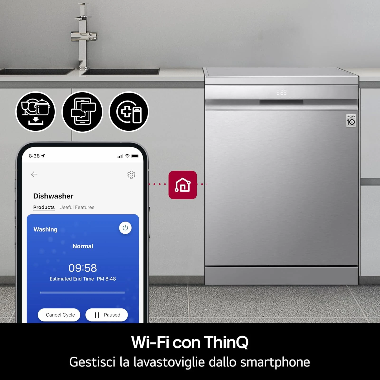 LG Lavastoviglie DF375HVS Lavastoviglie Libera Installazione Classe A, 14 Coperti, Lavaggio a Vapore