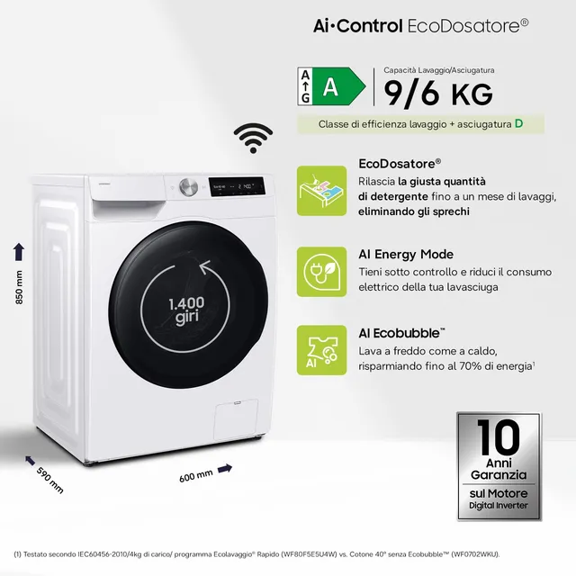 Samsung Lavasciuga WD90HG6U94BE/U3 Lavasciuga AI Control EcoDosatore Libera installazione, 9/6 Kg, W