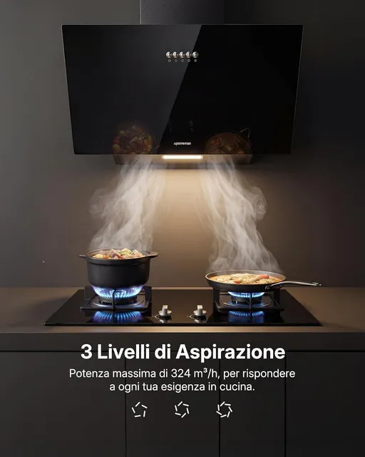 Upstreman Cappa cucina angolo 60cm Cappa Aspirante Classe A+++, 3 Liv. Potenza (324 m³/h), Ricircolo