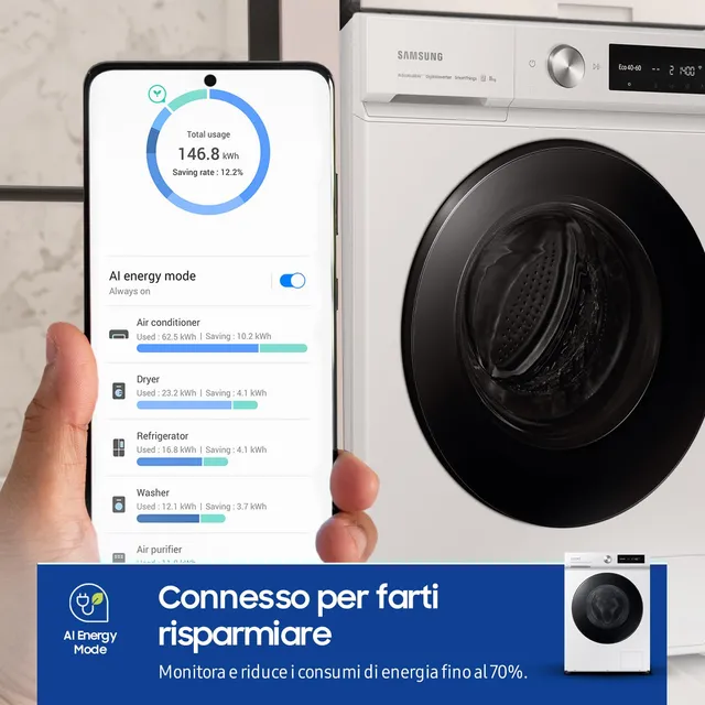 Samsung Lavatrice incasso WW90DB7U34GWU3 BESPOKE AI Lavatrice 9 kg, 1400 Giri, Classe A, AI Ecobubbl