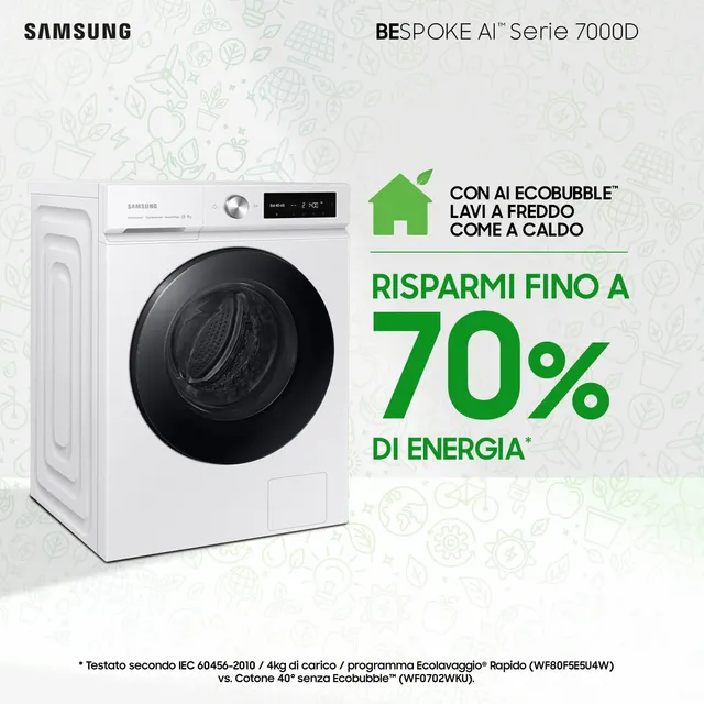 Samsung Lavatrice incasso WW90DB7U34GWU3 BESPOKE AI Lavatrice 9 kg, 1400 Giri, Classe A, AI Ecobubbl
